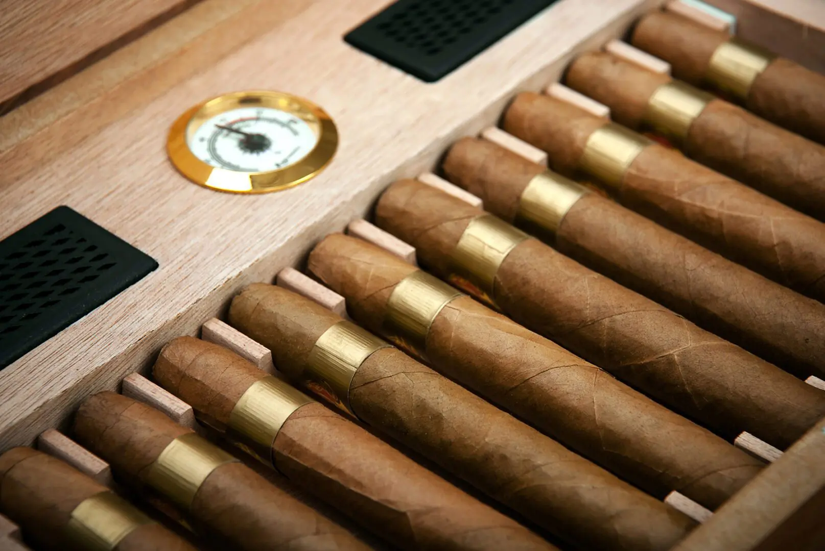 Cigars in a wooden humidor with hygrometer.