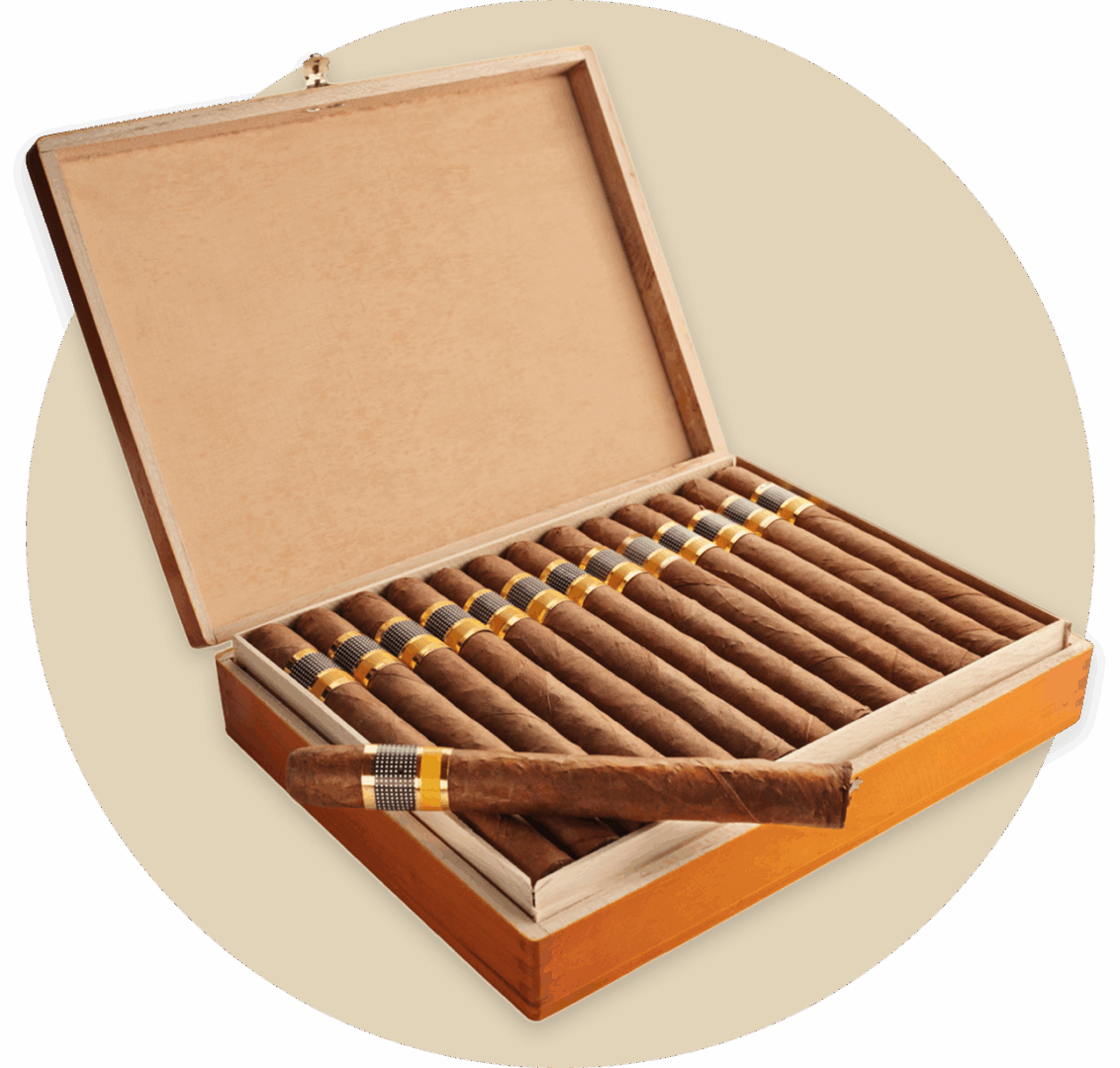 Open box of cigars with one outside.